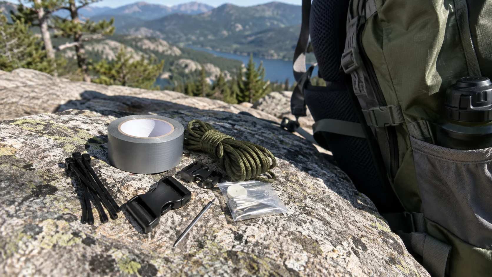 Small hiking repair supplies arranged beside a backpack.