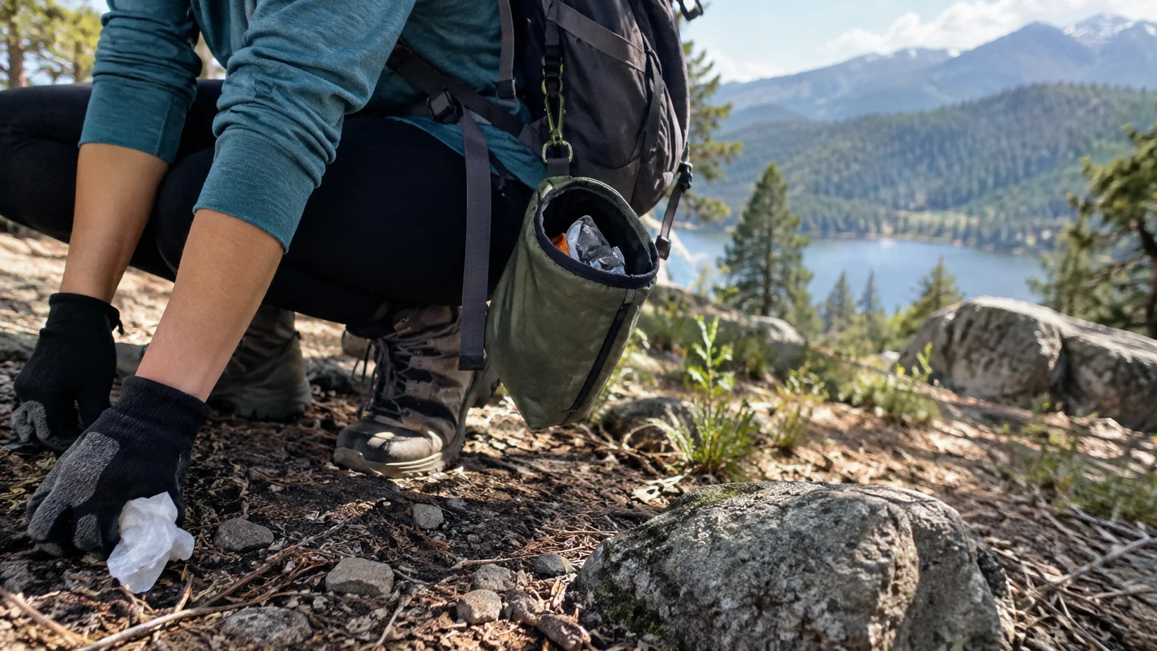 Reusable trash pouch clipped to a hiker's backpack.