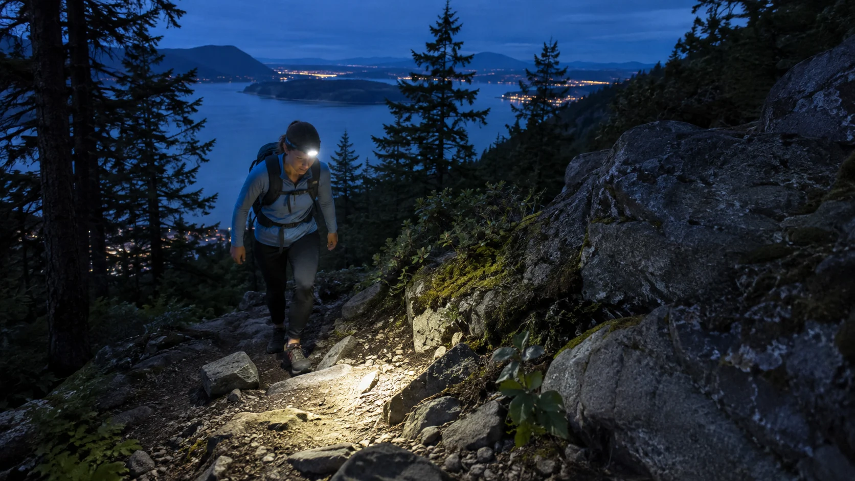 Hiker using a headlamp on a forest trail at blue hour.