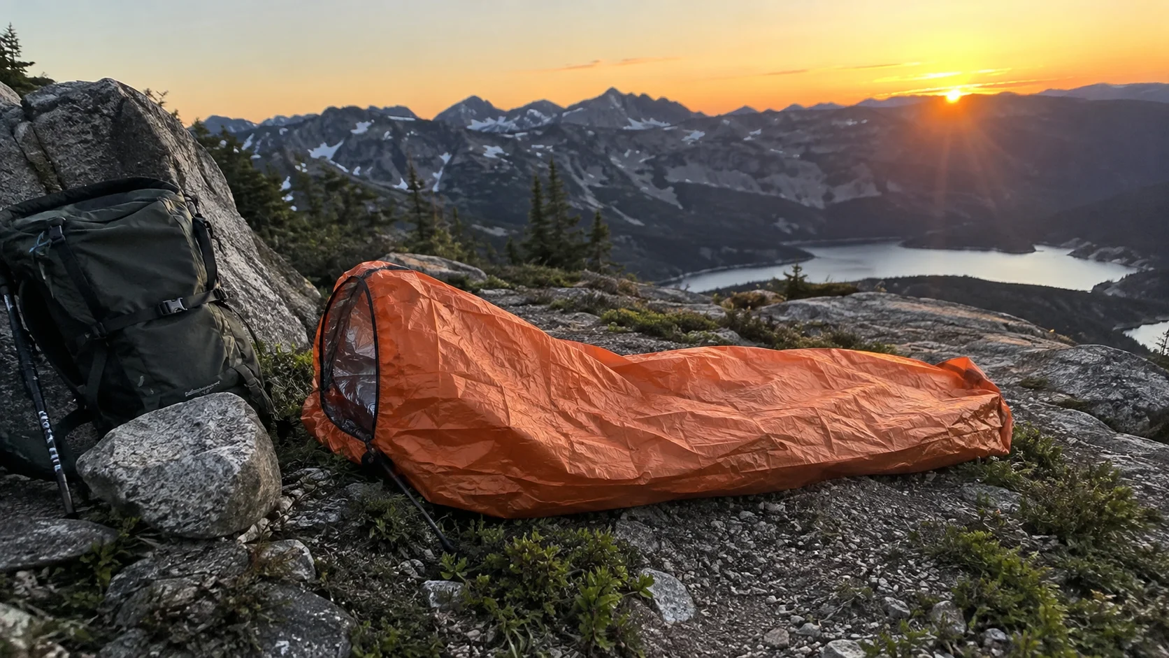 Compact emergency shelter unpacked beside a hiking backpack.