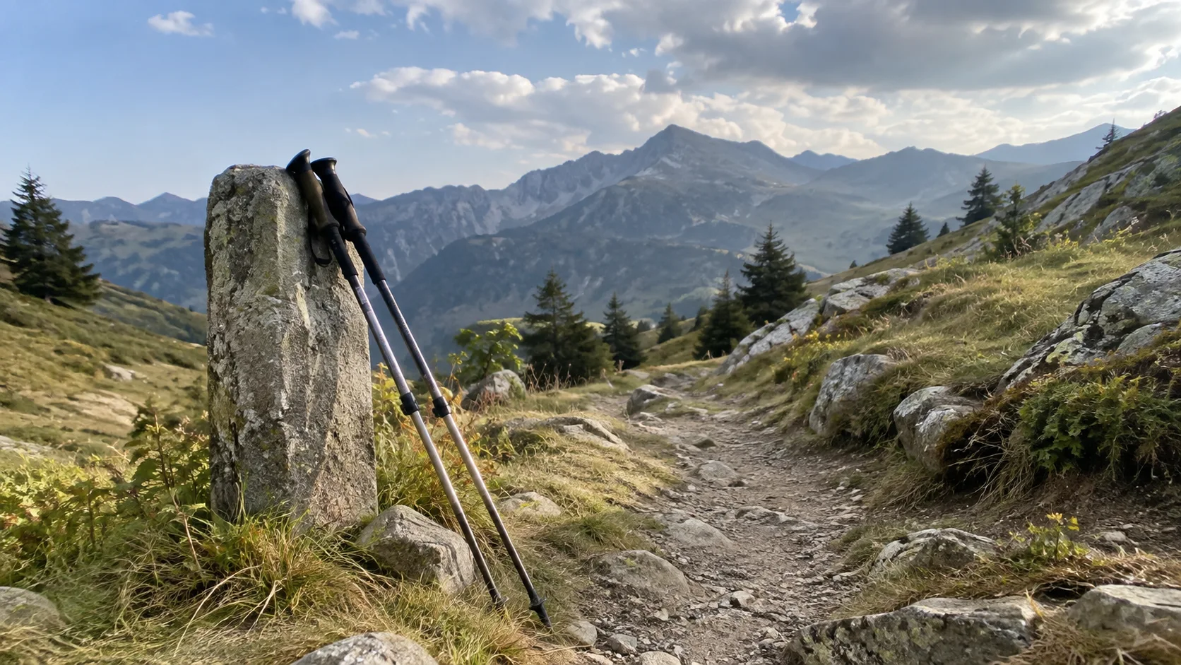 Trekking poles resting beside a mountain trail.