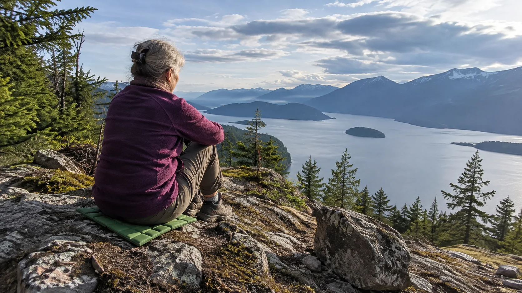 Hiker resting on an insulated sit pad at a scenic overlook.