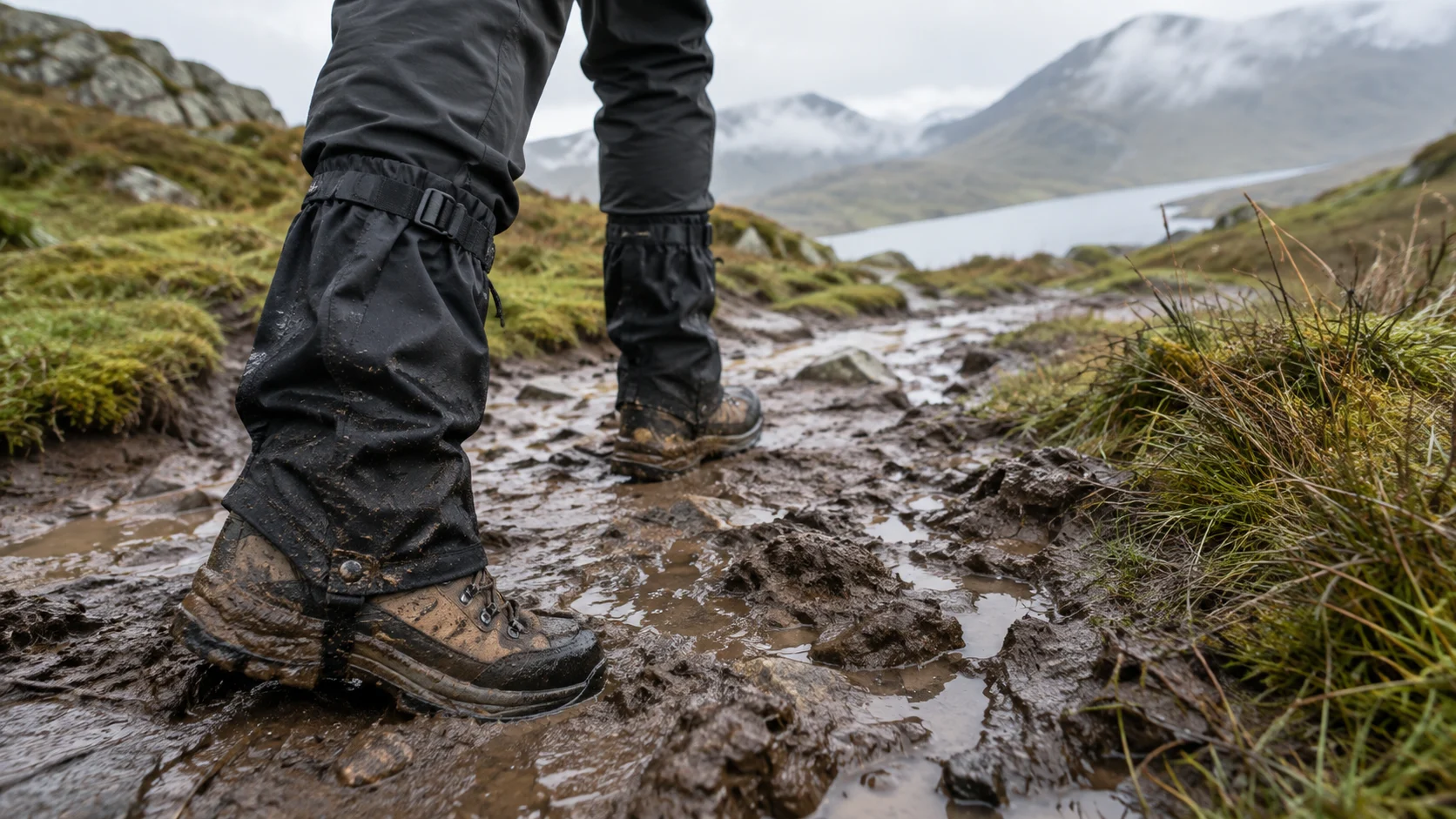 Hiking gaiters protecting boots on a muddy trail.
