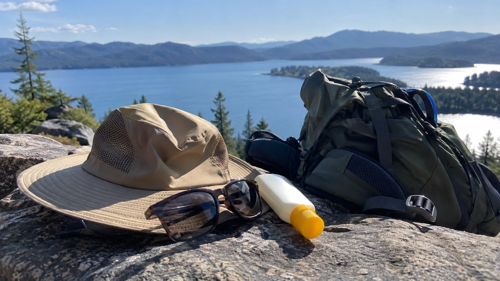 Sun hat, sunglasses, and sunscreen beside a daypack.