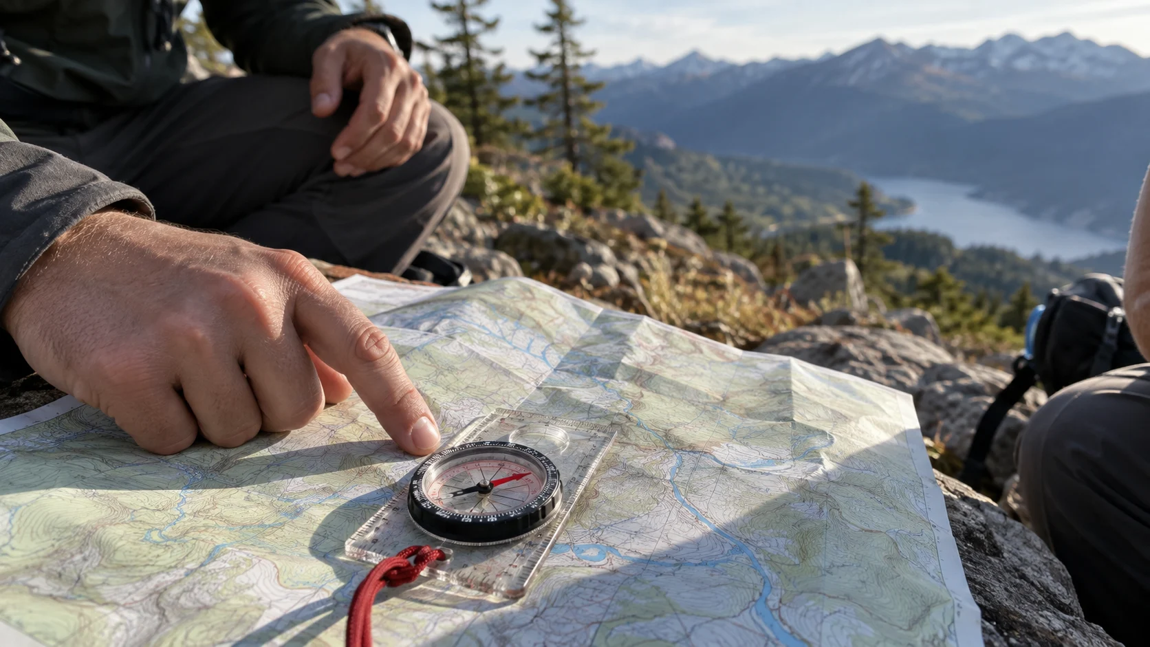Compass and map used during an outdoor navigation lesson.