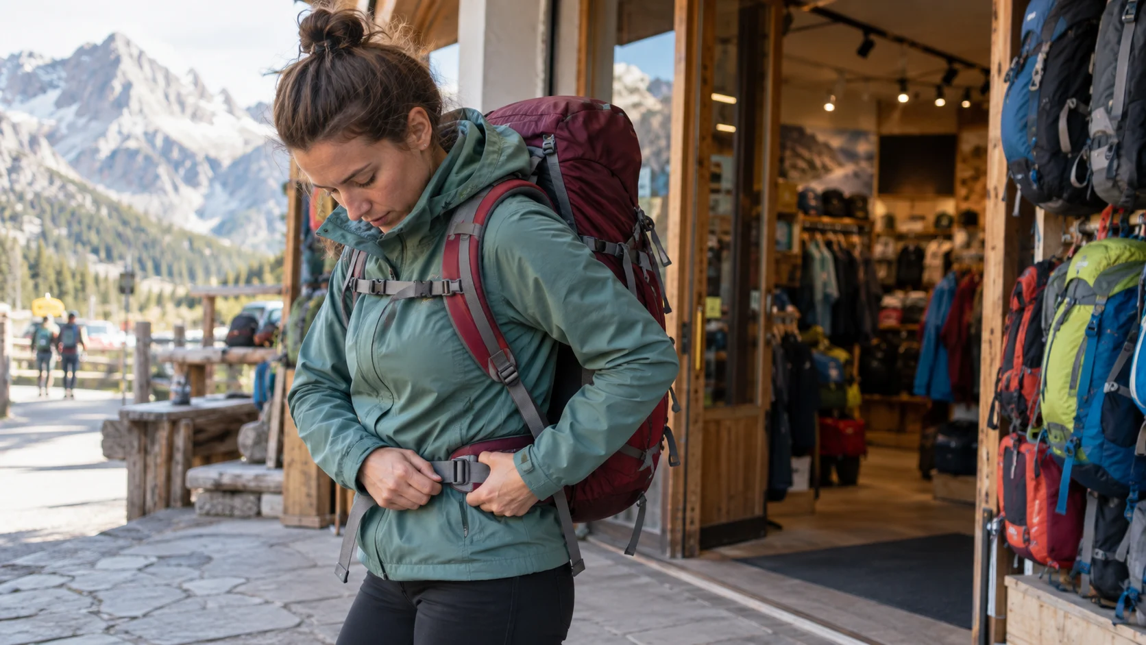 Hiker being fitted for a backpack in an outdoor shop.