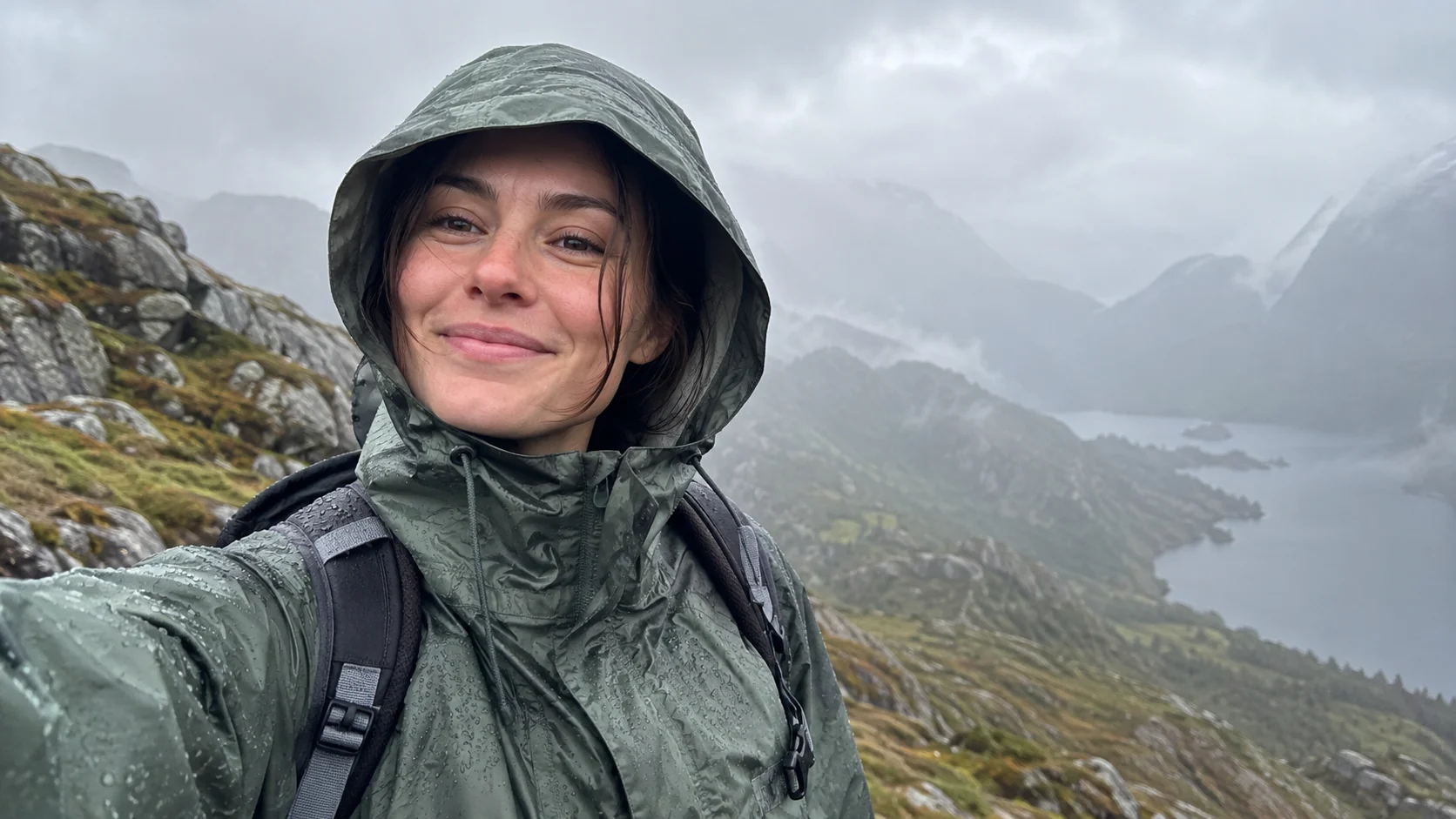 Hiker wearing a waterproof rain shell in mountain drizzle.