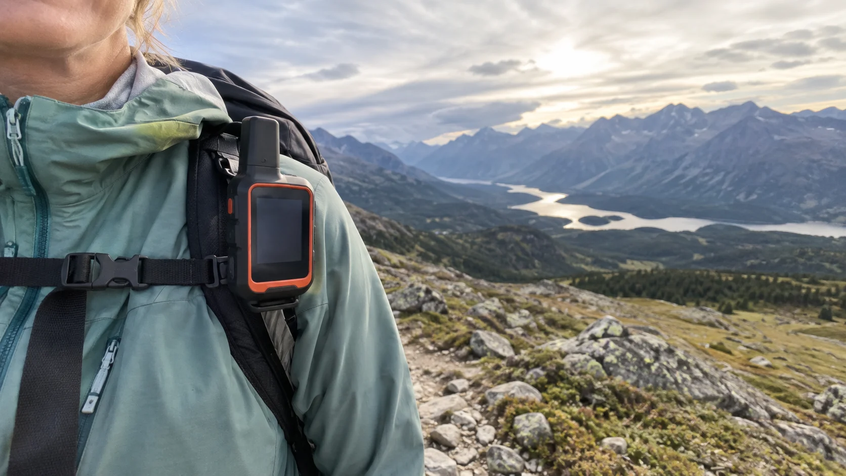 Satellite communicator clipped to a backpack in remote mountains.