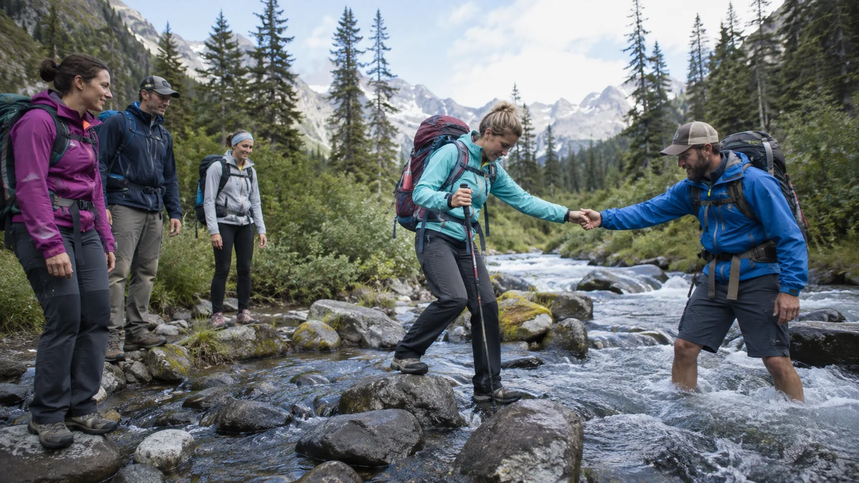 Hikers practicing a safe stream crossing with a guide.
