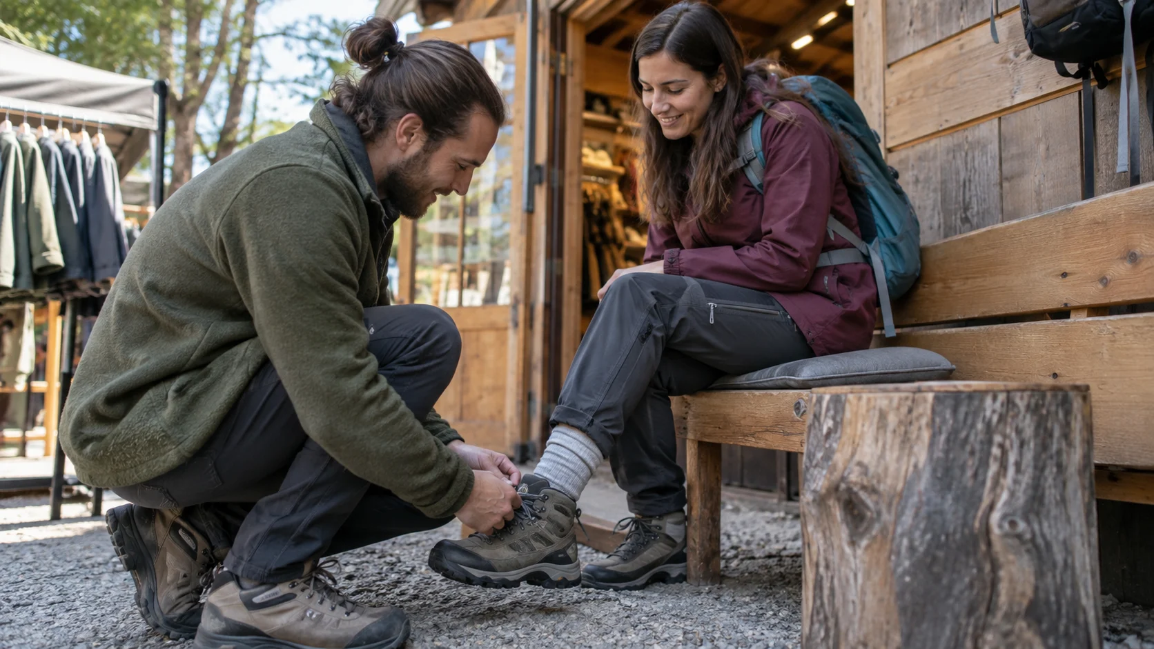 Customer receiving a professional hiking boot fitting.
