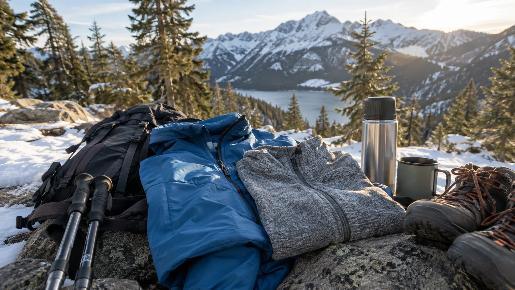 Technical insulated outerwear arranged with winter hiking gear.
