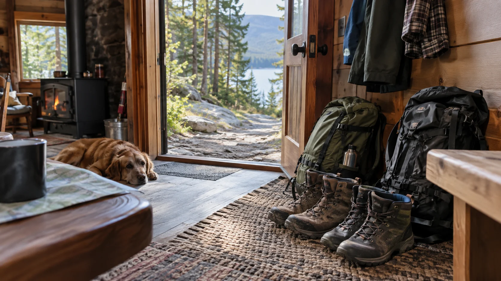 Boots and backpacks ready for a hiking weekend at a cabin.