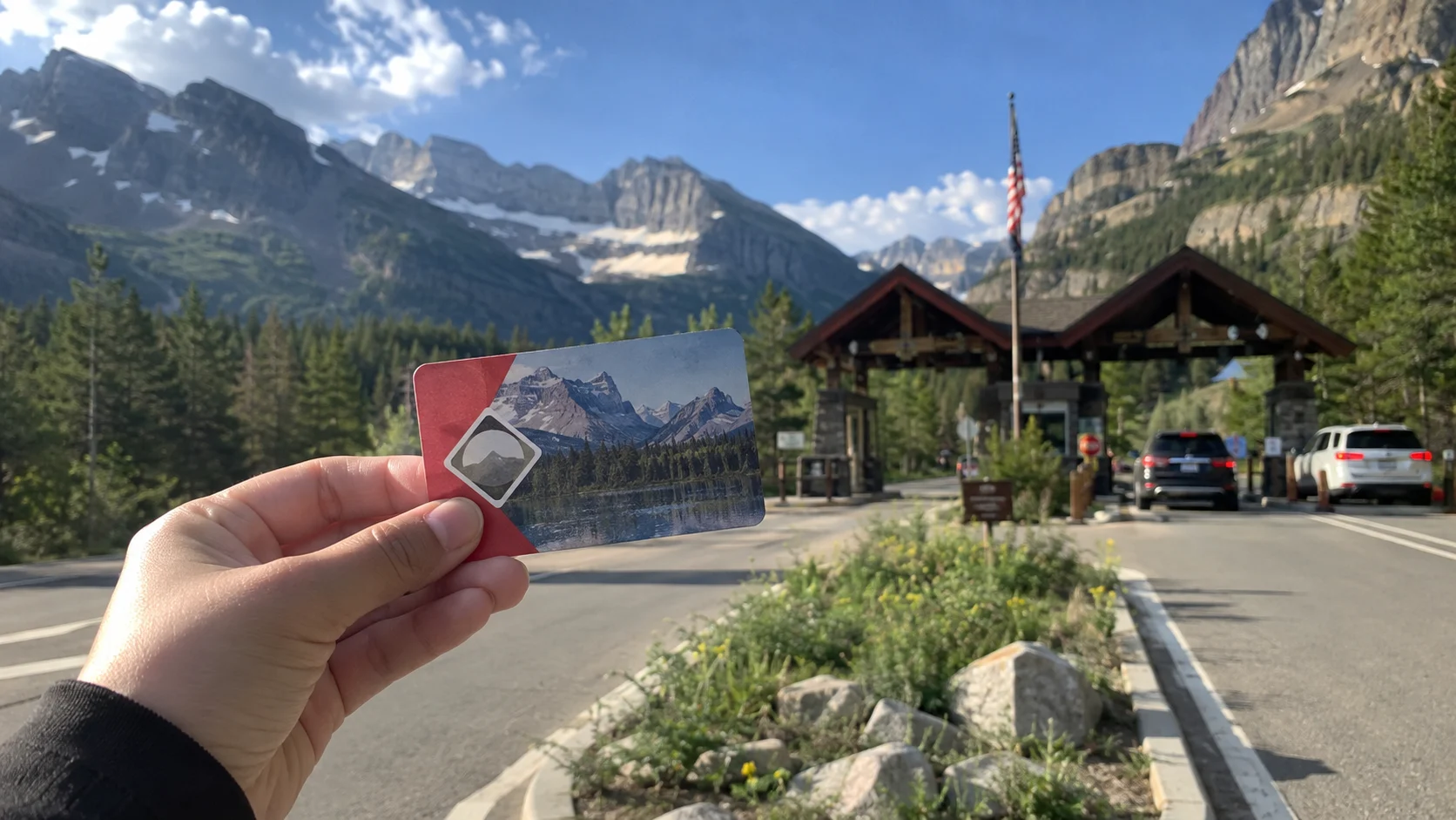 Hiker holding a public lands pass near a park entrance.