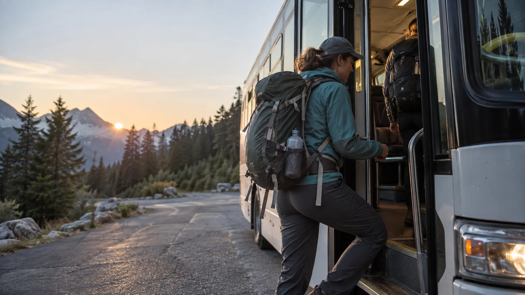 Backpacker boarding a trail shuttle at dawn.