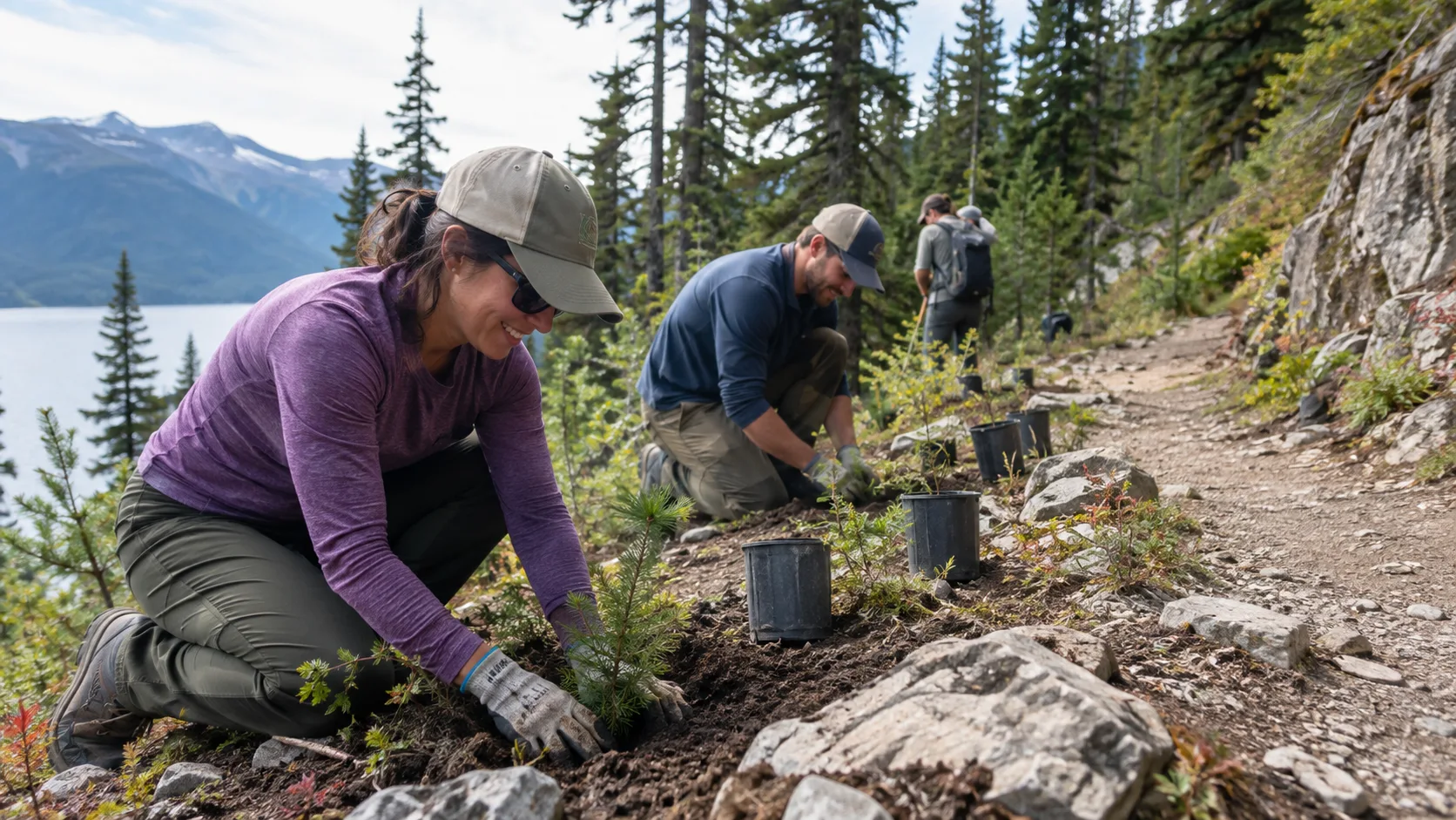 Volunteers planting native seedlings beside a hiking trail.