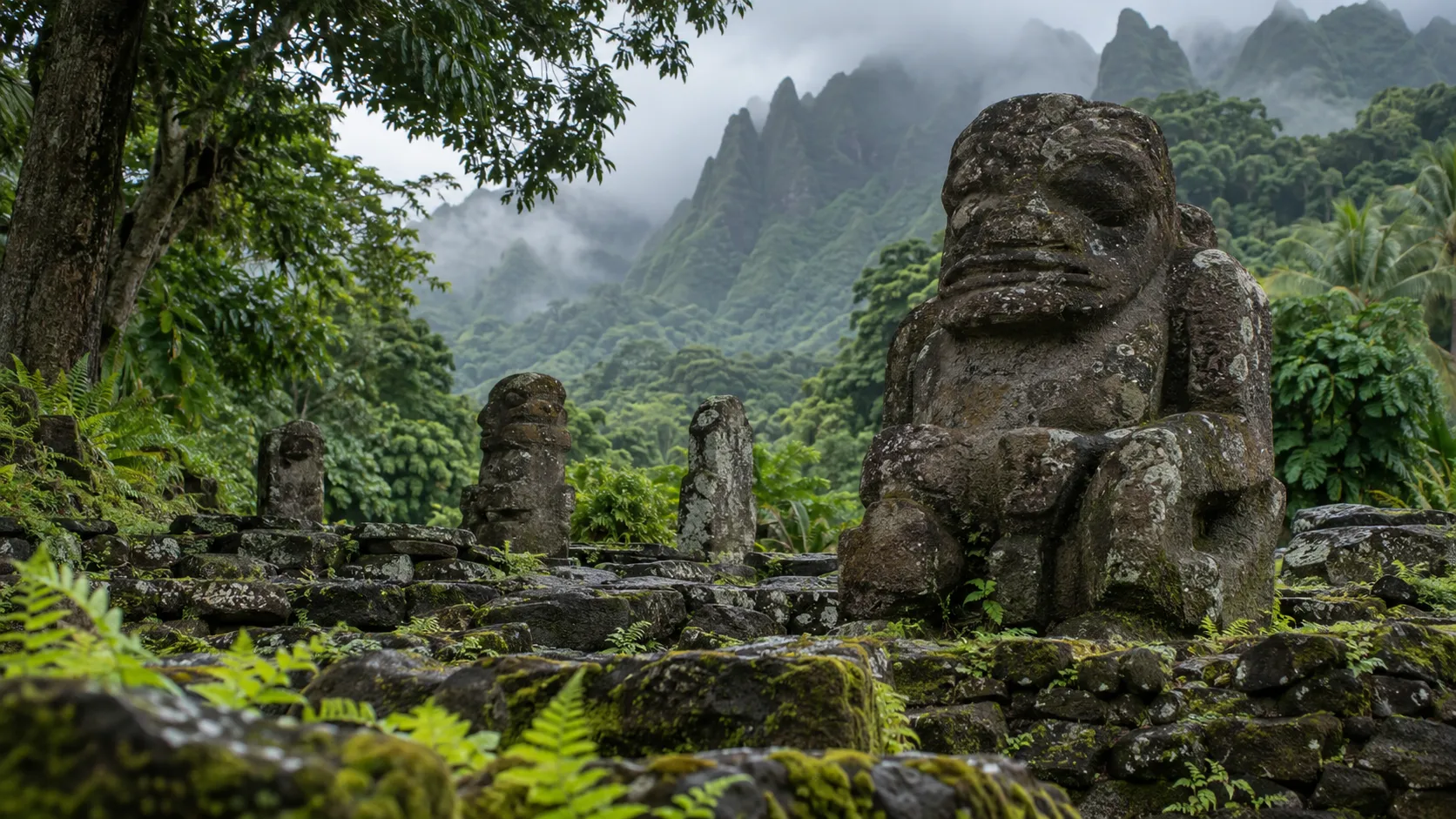 Weathered stone tikis at Hiva Oa's Iipona archaeological site beneath misty Marquesan ridges