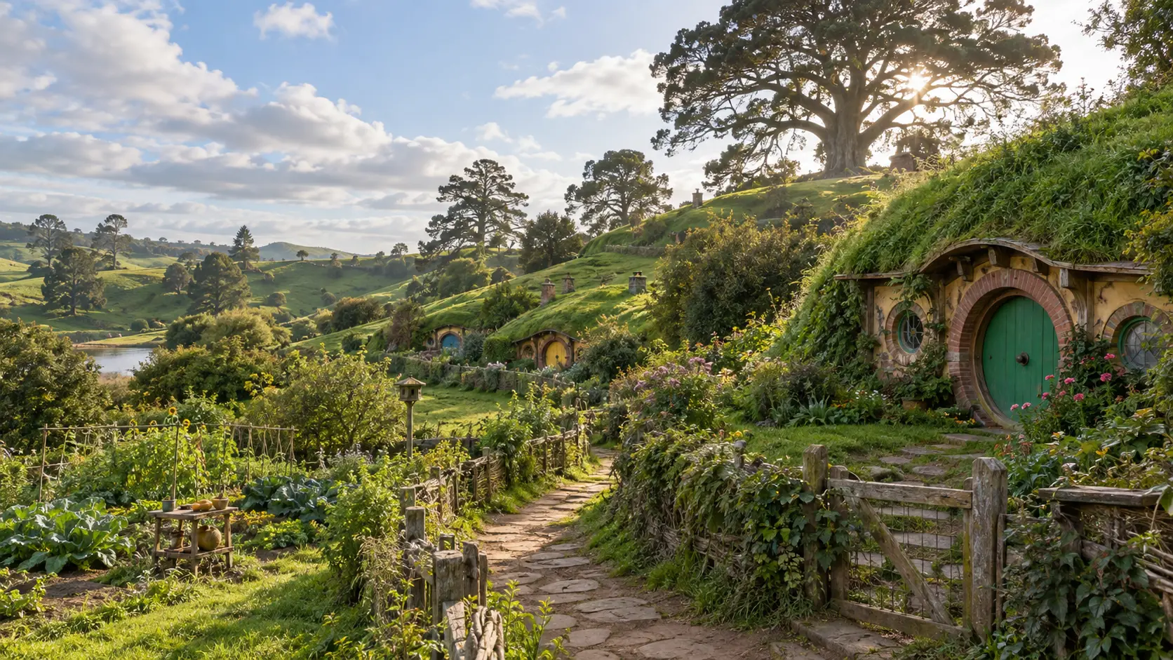 Green Hobbiton hills, round-doored earth homes and gardens near Matamata
