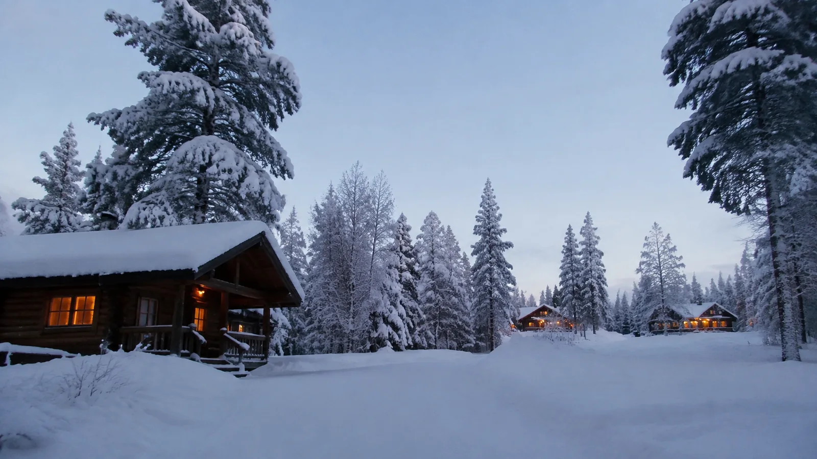 Wooden cabin glowing warmly among snow-covered trees.