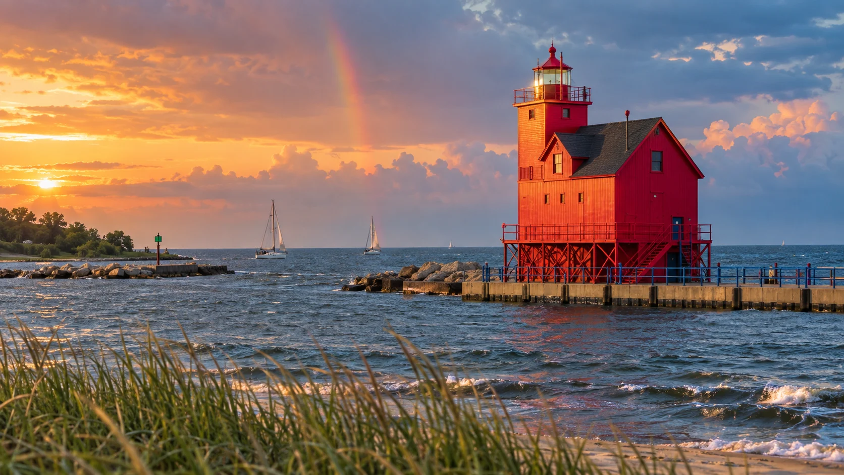 Bright red Holland Harbor Lighthouse, known as Big Red, beside the blue waters of Lake Michigan