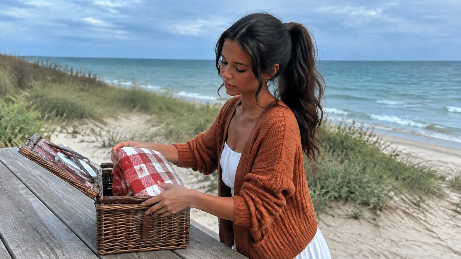 Woman packing a picnic basket at a table near the beach.