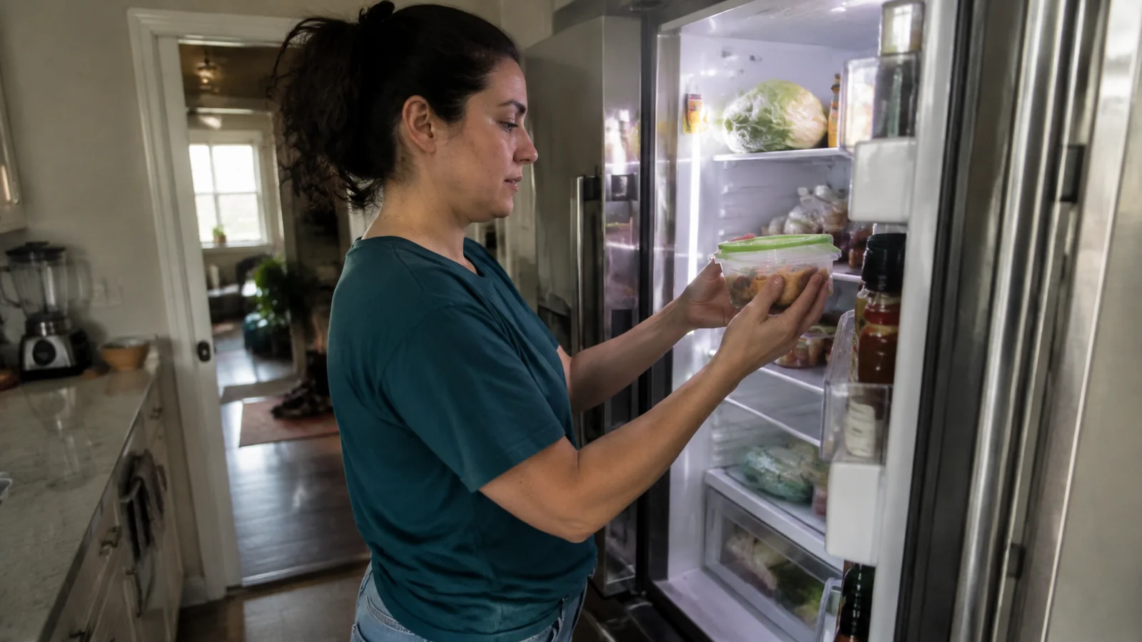 Woman checking a food container beside an open refrigerator.