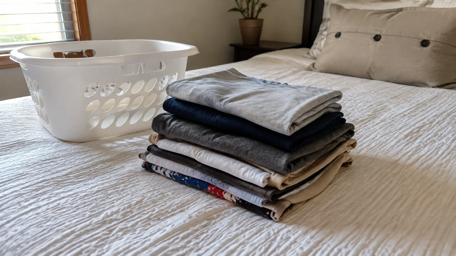 Stack of folded clothes beside a white laundry basket on a bed.