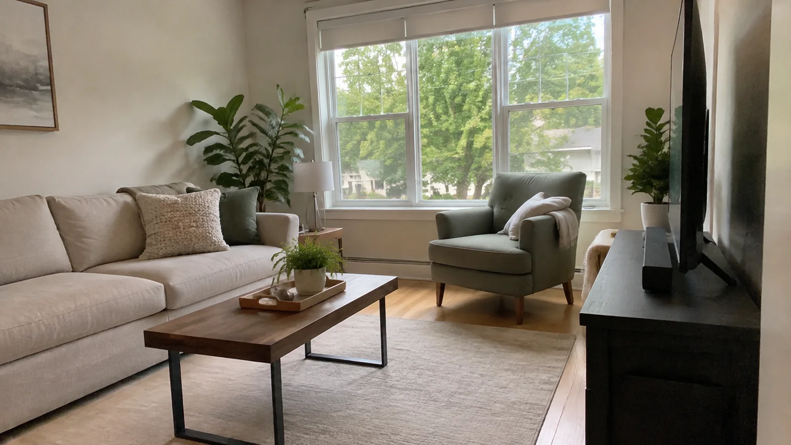 Tidy living room with a sofa, armchair, coffee table, and leafy plants.