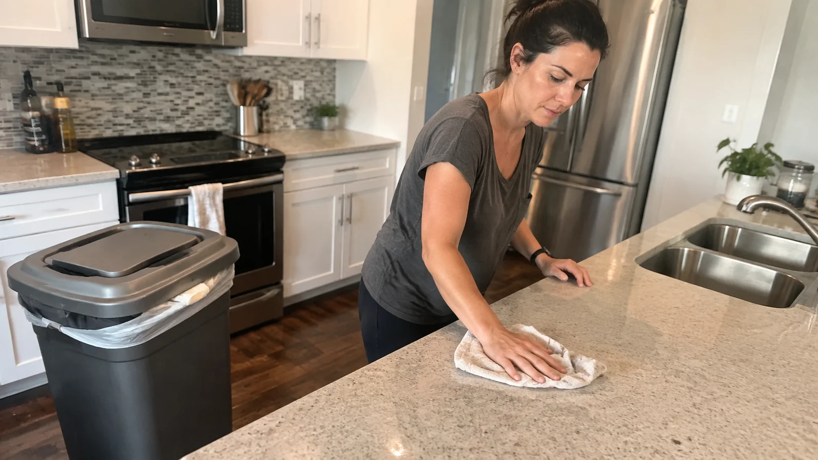 Woman wiping a kitchen counter with a white cloth.