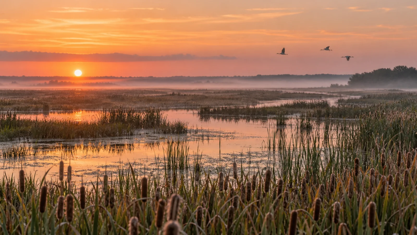Sandhill cranes stand beyond reflective channels and cattails at sunrise in Horicon Marsh.
