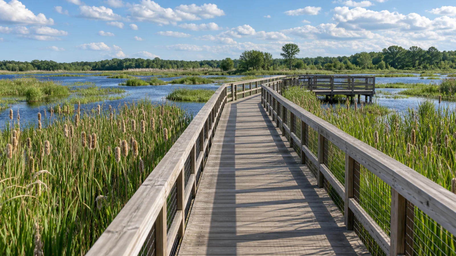 An empty wooden boardwalk leads through green cattails beneath a bright spring sky.