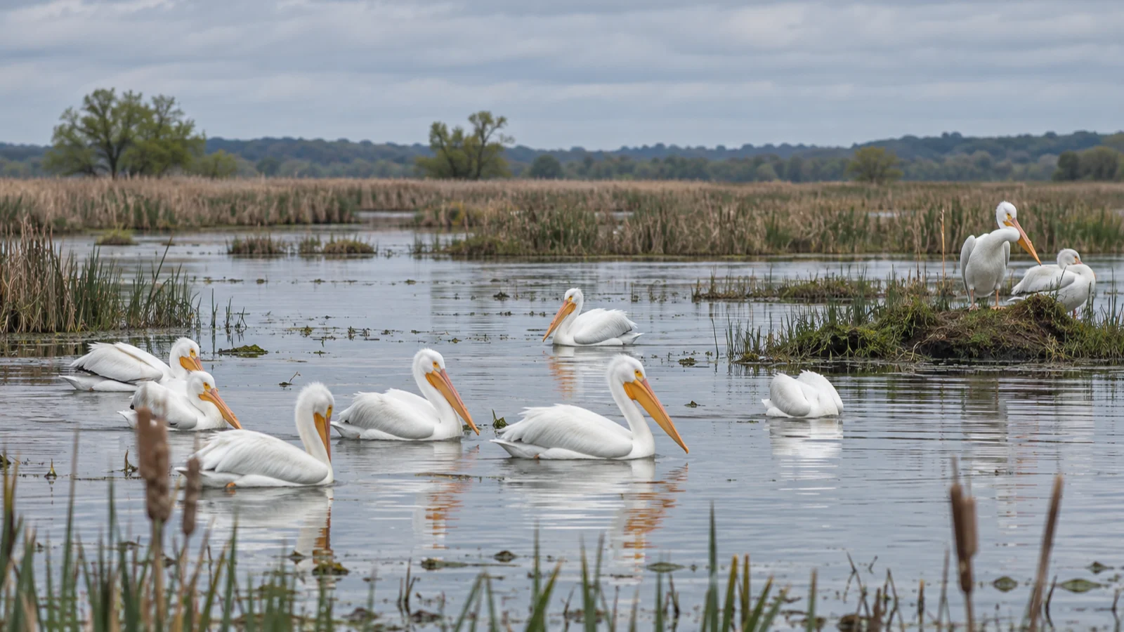 American white pelicans rest and glide across an open pool at Horicon Marsh.