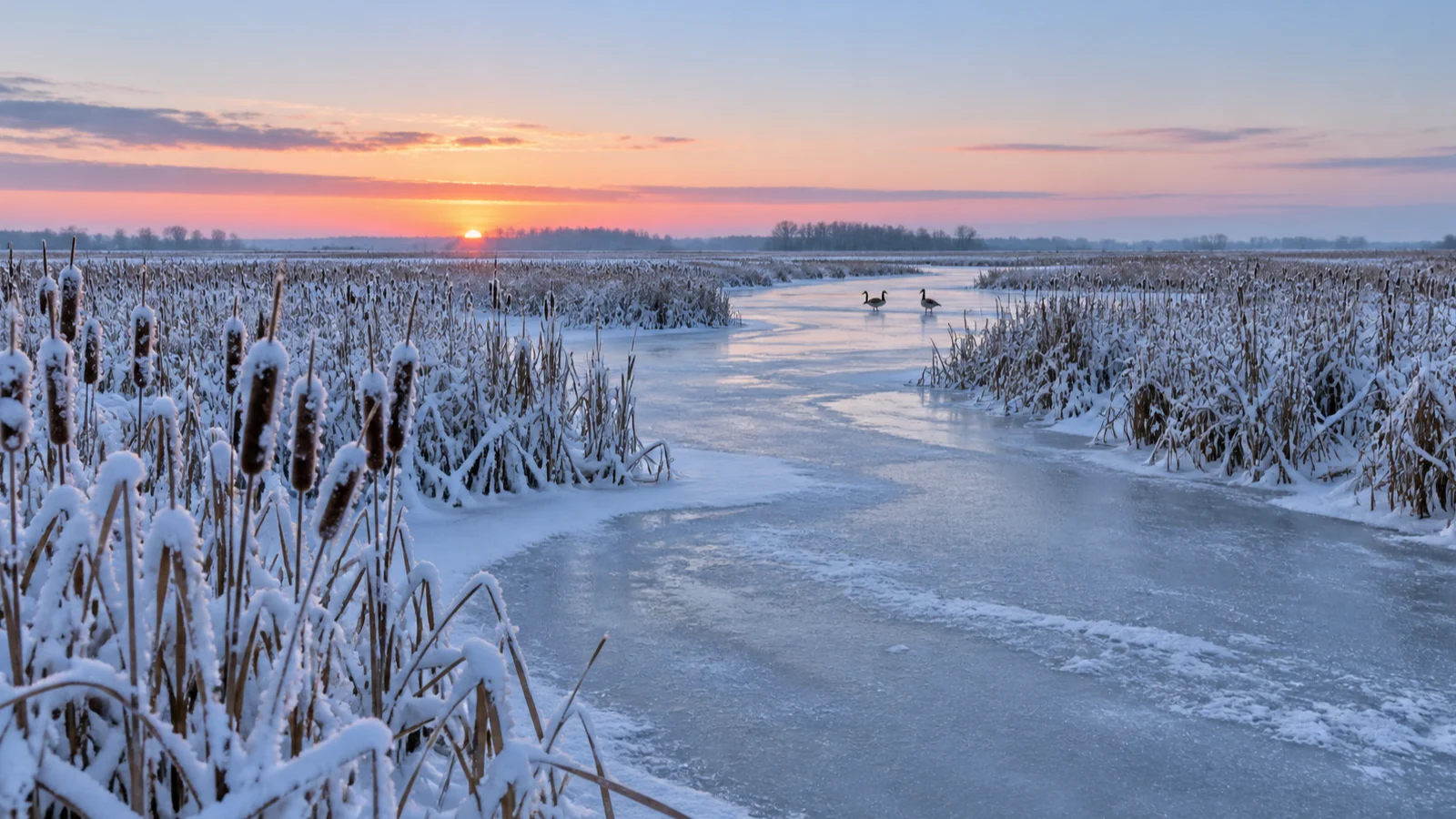 Snow-coated cattails border a frozen Horicon Marsh channel beneath a pastel winter sky.