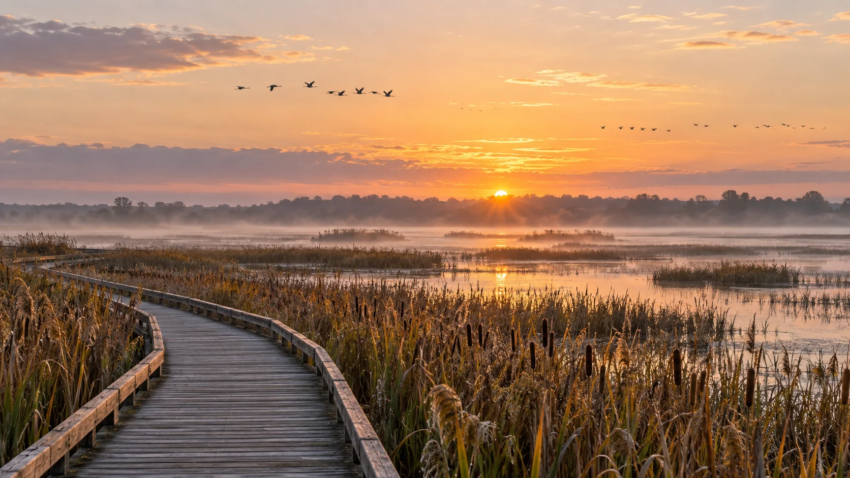 A wooden boardwalk winds through misty Horicon Marsh as migrating birds cross the sunrise sky.