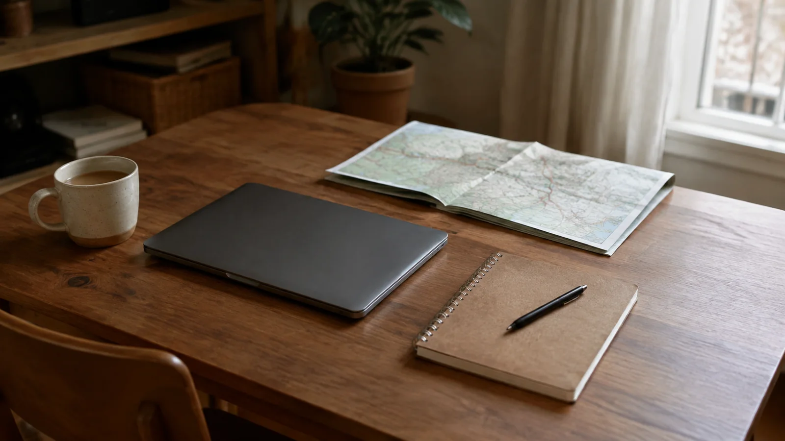 Closed laptop, notebook, pen, map and mug sit on a wooden table.