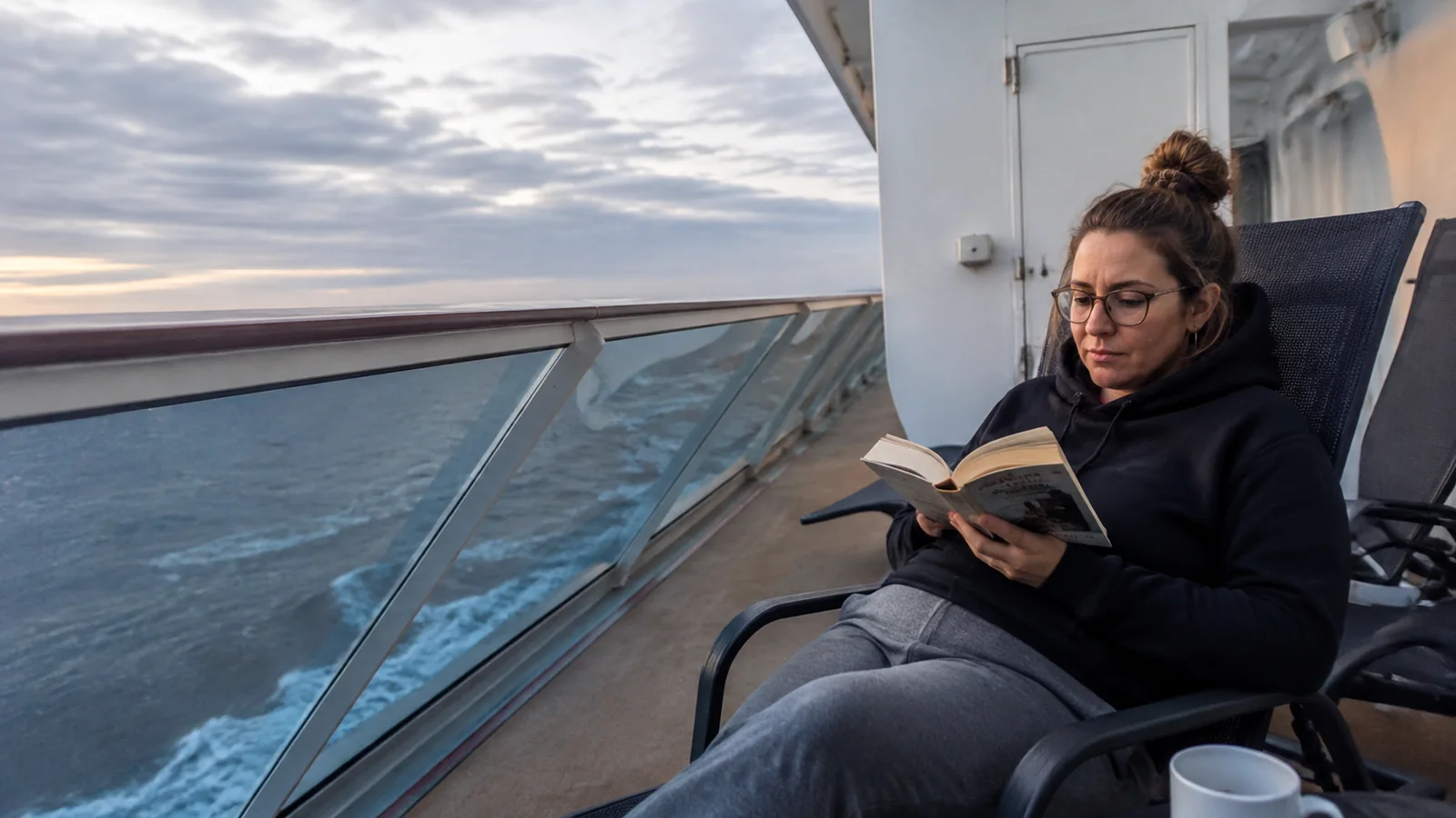 Passenger reading in a deck chair beside open water.