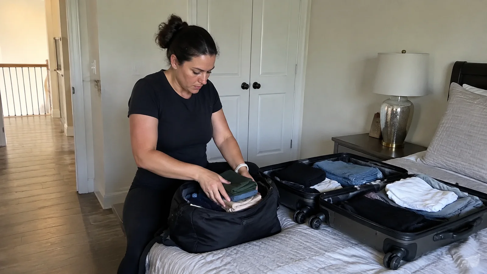 Woman comparing what fits in a small bag and a larger suitcase.