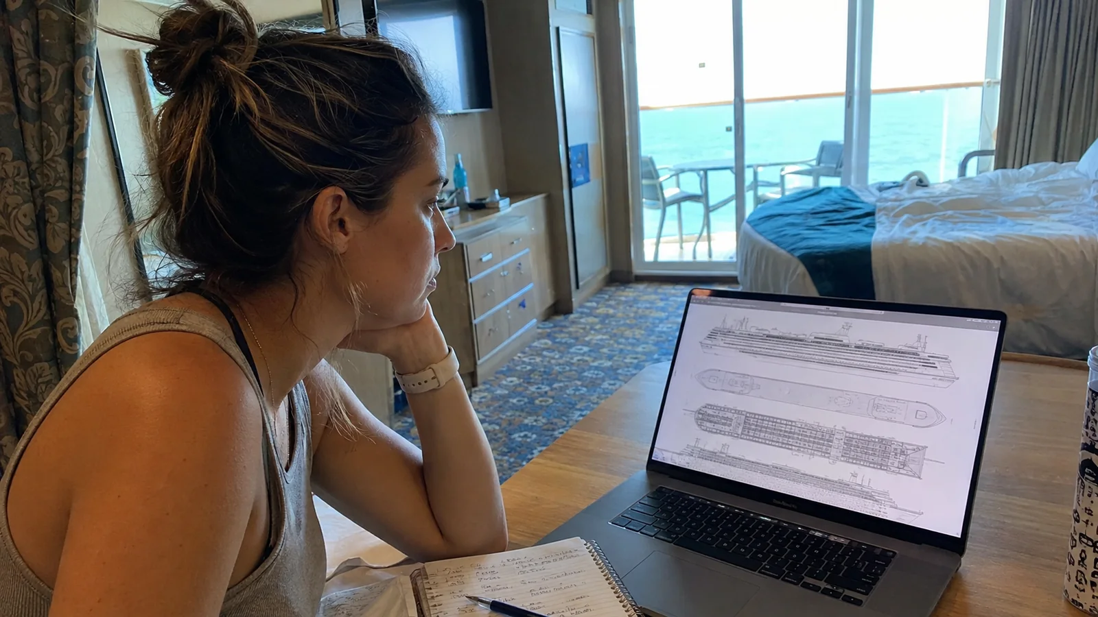 Traveler examining a ship profile drawing on a laptop.