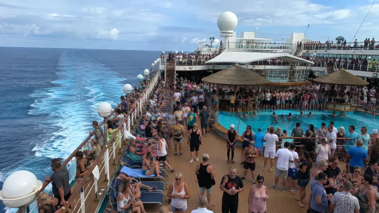Packed cruise ship pool deck beside the ocean