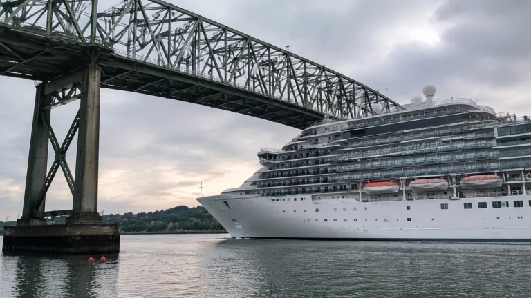 Large cruise ship passing beneath a steel bridge
