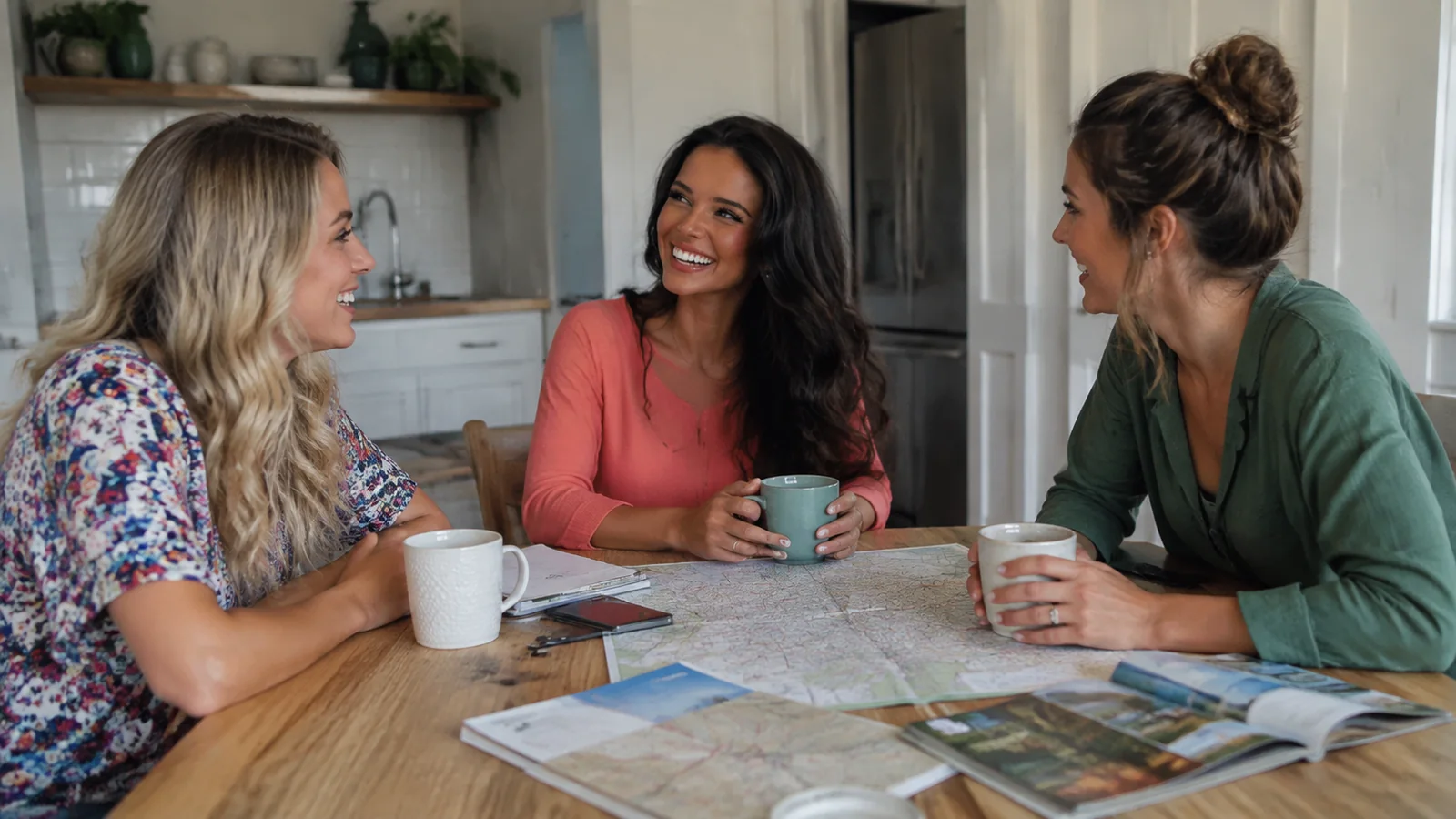 Three women talking over mugs and travel papers at a table.