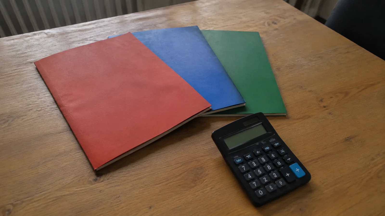 Three colored folders and a calculator on a wooden table.