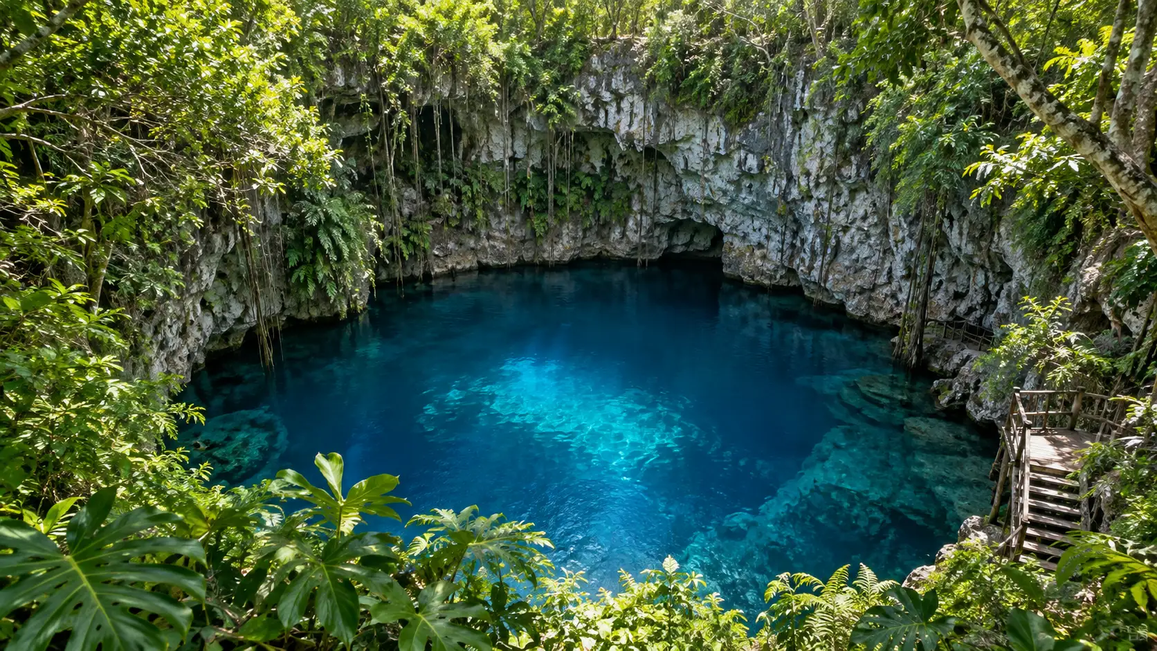 The deep cobalt water and vine-covered limestone walls of Hoyo Azul cenote near Punta Cana.