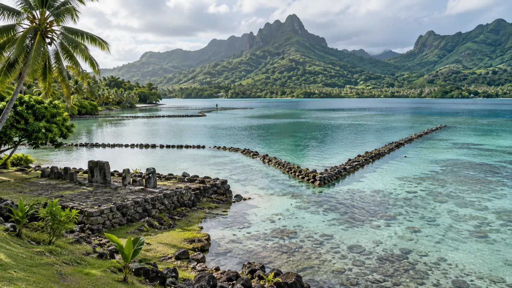Ancient stone fish traps and a shoreline marae beside Huahine's clear lagoon and green mountains