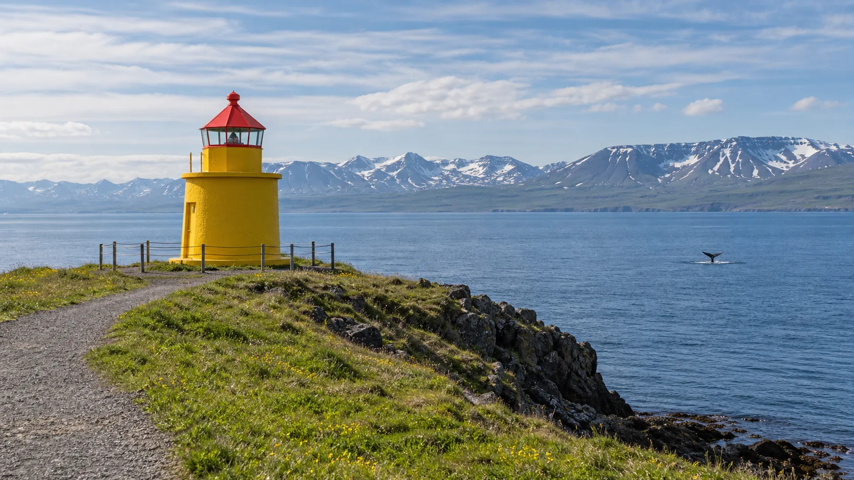Yellow Húsavík Lighthouse above Skjálfandi Bay with snowy mountains and a distant whale tail.