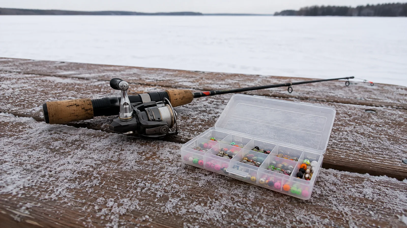 Short fishing rod and open tackle box on a snowy wooden surface.