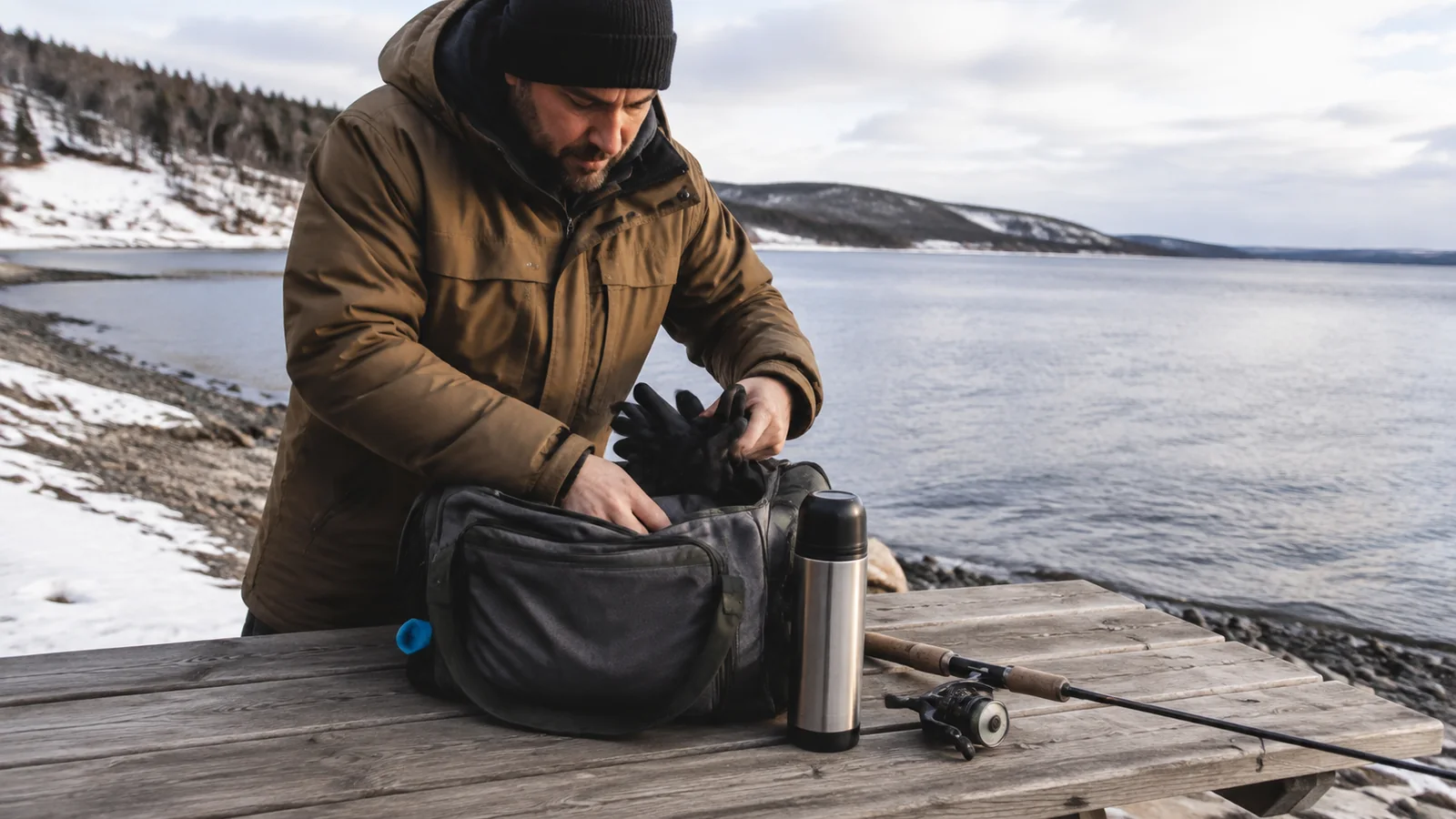 Man packing fishing equipment at a snowy lakeside picnic table.