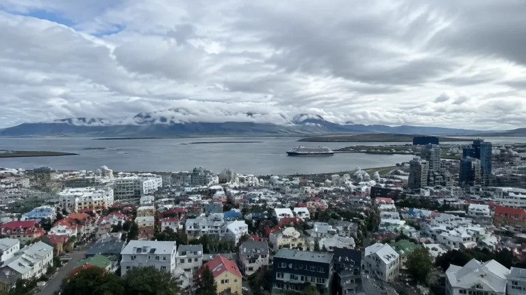 Coastal city viewed from above with snowy mountains across the bay.