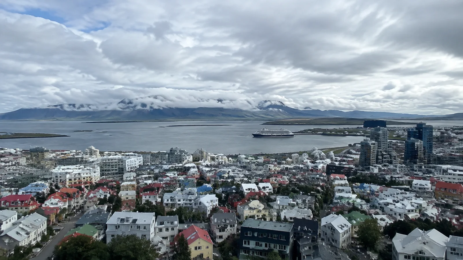 Coastal city viewed from above with snowy mountains across the bay.