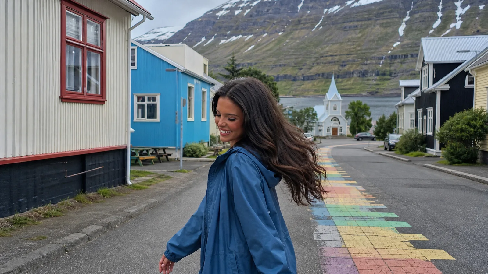 Woman walking a colorful street toward a small white church.