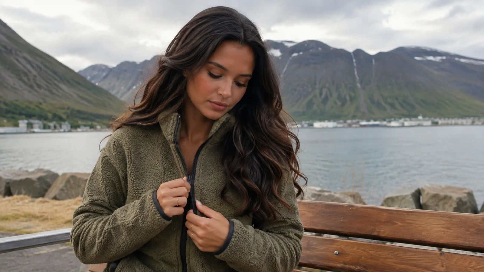 Woman fastening a fleece jacket on a bench beside a mountain harbor.